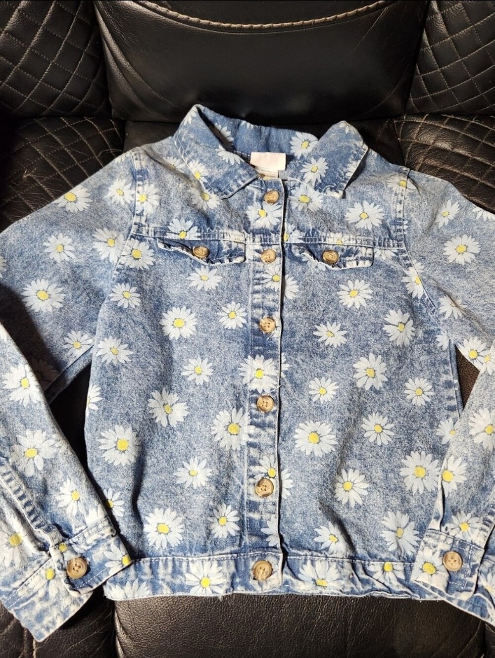 Little Lass Light Blue Denim Jacket with White & Yellow Daisy Print